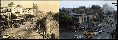 কলকাতার ব্যস্ত রাস্তা ও পুরনো স্থাপত্যের দৃশ্য।