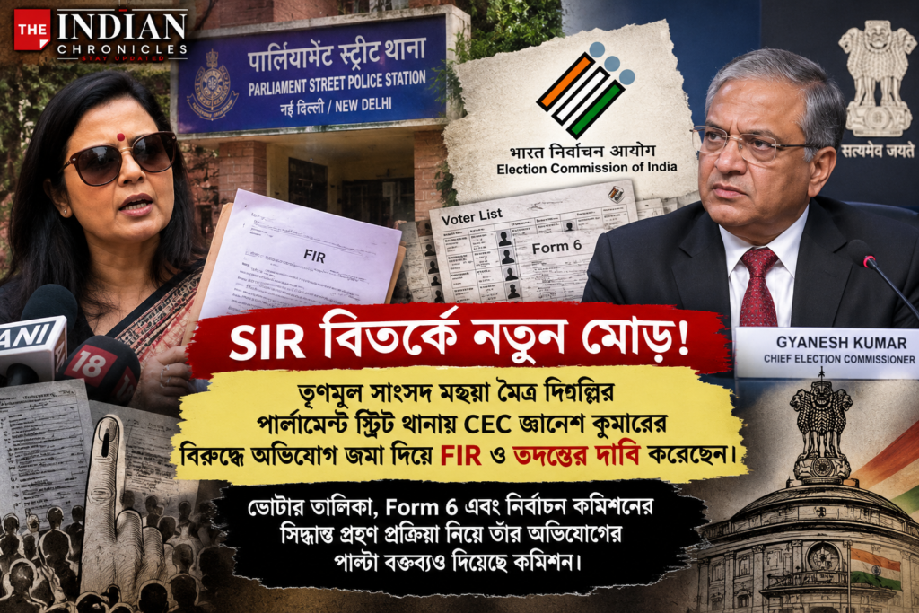 তৃণমূল সাংসদ মহুয়া মৈত্রের CEC জ্ঞানেশ কুমারের বিরুদ্ধে FIR ও তদন্তের দাবিকে কেন্দ্র করে SIR বিতর্কের খবর; ছবিতে মহুয়া মৈত্র, নির্বাচন কমিশন, ভোটার তালিকা ও Form 6-এর নথি এবং জ্ঞানেশ কুমারের ছবি রয়েছে।