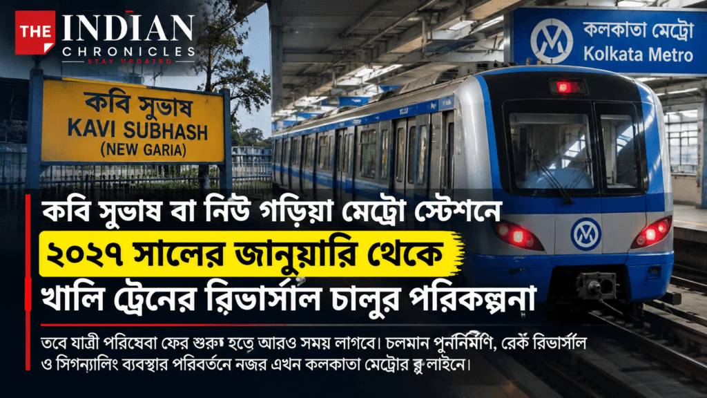 কলকাতা মেট্রোর কবি সুভাষ বা নিউ গড়িয়া স্টেশনে ২০২৭ সালের জানুয়ারি থেকে খালি ট্রেনের রিভার্সাল চালুর পরিকল্পনা; পুনর্নির্মাণ ও সিগন্যালিং পরিবর্তনের তথ্যসহ নিউজ গ্রাফিক।