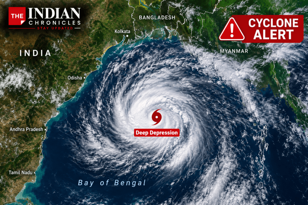 Bay of Bengal cyclone satellite image, deep depression weather system, Indian coastline storm