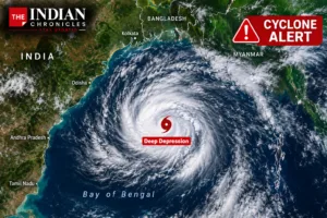 Bay of Bengal cyclone satellite image, deep depression weather system, Indian coastline storm