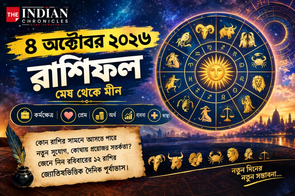 ৪ অক্টোবর ২০২৬ রাশিফল: কোন রাশির জীবনে আসবে নতুন সুযোগ? জেনে নিন প্রেম, অর্থ, চাকরি ও স্বাস্থ্যের পূর্বাভাস